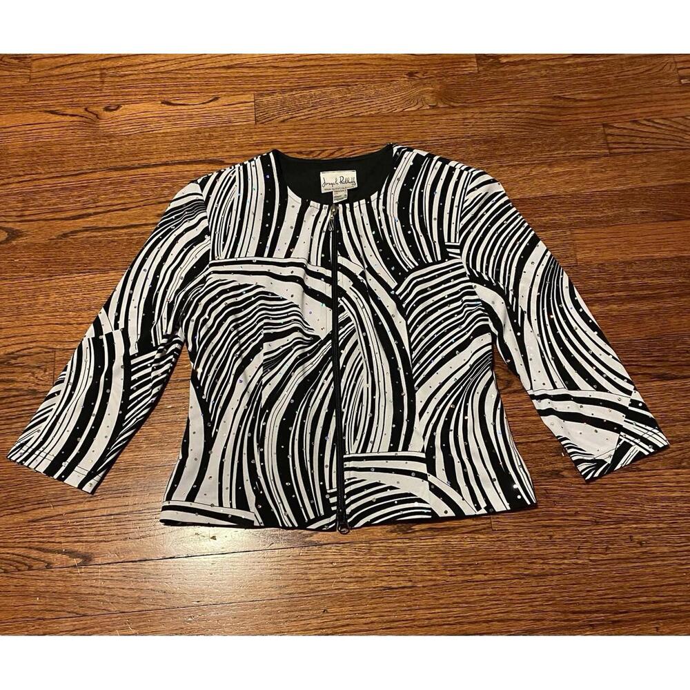 Joseph Ribkoff Full Zip Jacket Black White Zebra Sequined Shoulder Pads Sz 6